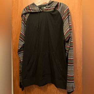 Beautiful Giant Black Hoodie with Multicolor Patterned Sleeves Size XL